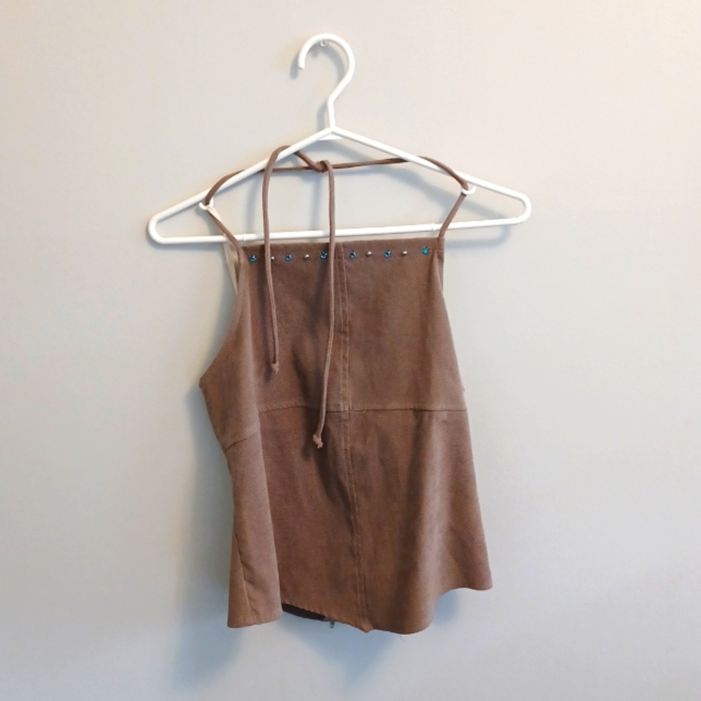 Suede halter top. Medium, tan with blue and silver gems.
